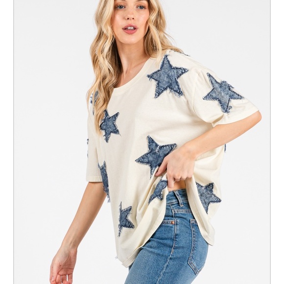 # 240 Sage & Fig Distressed Star-Patterned Cream and Blue Top - Picture 3 of 5